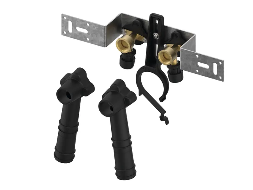 Montageeinheit von TECE mit zwei Ventilanschlüssen aus Messing, verbunden mit zwei schwarzen HT-Bögen und einer Wandscheibe. Ideal für Sanitärinstallationen.
